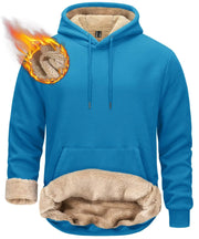 Blue hoodie with beige lining and flame graphic on a white background