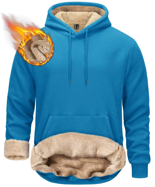 Blue hoodie with beige lining and flame graphic on a white background