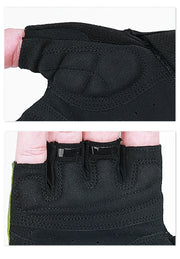 Close-up of black fingerless gloves with padding and adjustable straps.