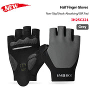 Pair of black and gray half-finger gloves on a white background.