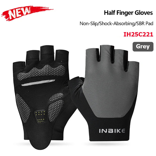 Pair of black and gray half-finger gloves on a white background.
