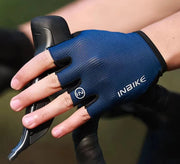 Blue cycling glove on a blurred background