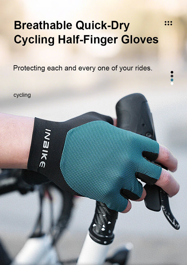 Breathable quick-dry cycling half-finger gloves on a blurred bike background.