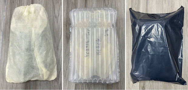 Three different packaging methods on a wooden surface.