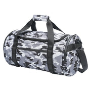 Camouflage duffel bag with black straps on a white background