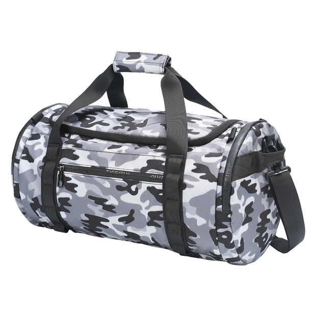 Camouflage duffel bag with black straps on a white background