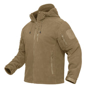 Tan tactical jacket with multiple pockets and zippers on a white background