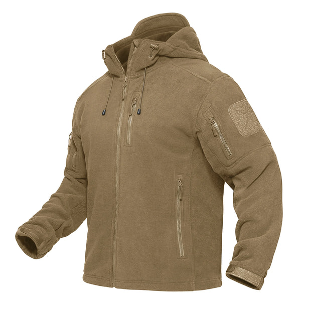 Tan tactical jacket with multiple pockets and zippers on a white background