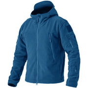 Blue tactical jacket with multiple pockets and zippers on a white background