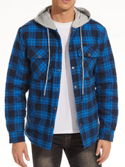 Blue plaid jacket with gray hood on a white background