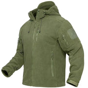 Green tactical jacket with multiple pockets and zippers on a white background
