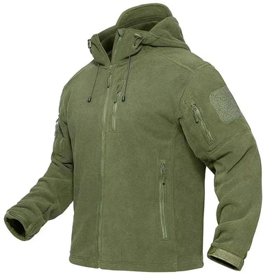 Green tactical jacket with multiple pockets and zippers on a white background