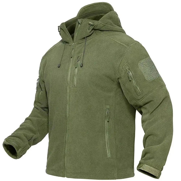 Green tactical jacket with multiple pockets and zippers on a white background