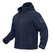 Navy tactical jacket with patches on a white background