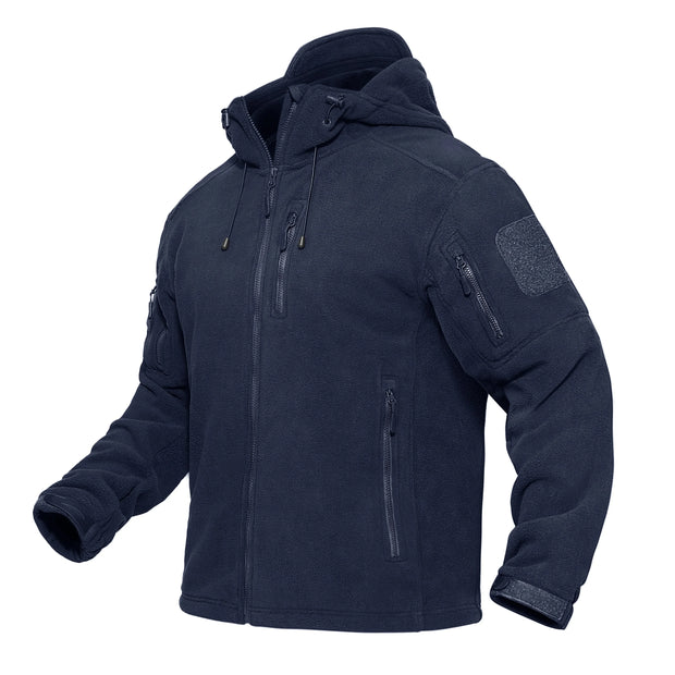 Navy tactical jacket with patches on a white background