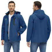 Blue jacket shown from front and back on a white background