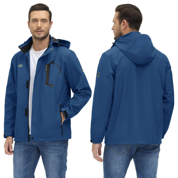 Blue jacket shown from front and back on a white background