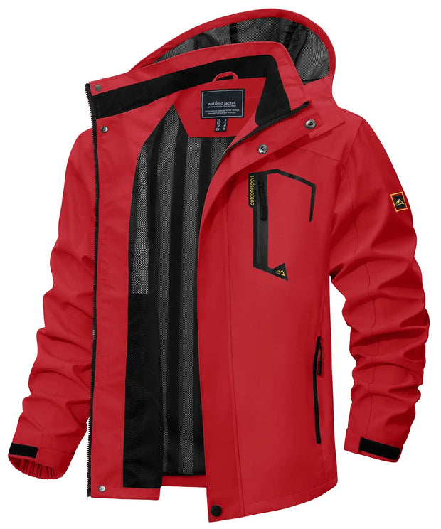 Red jacket with black accents on a white background