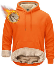 Orange hoodie with beige fleece lining on a white background