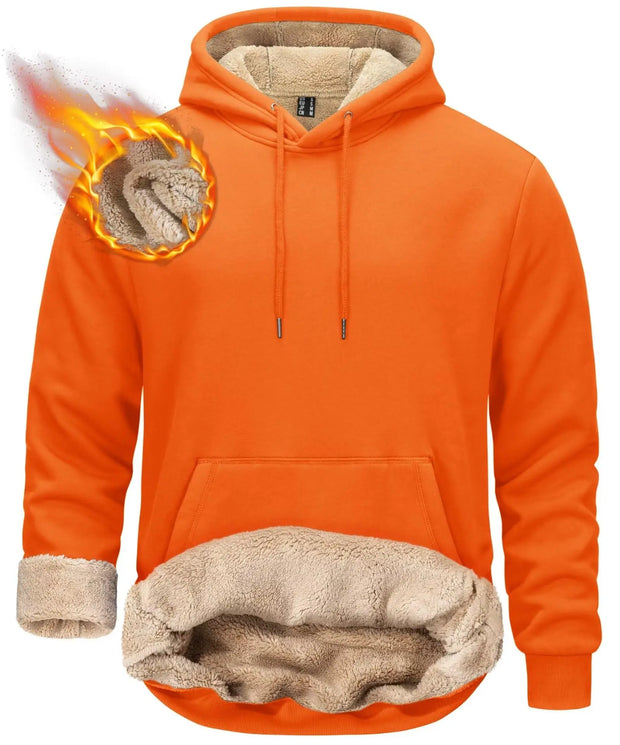 Orange hoodie with beige fleece lining on a white background