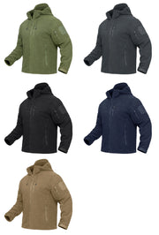 Five different colored jackets on a white background