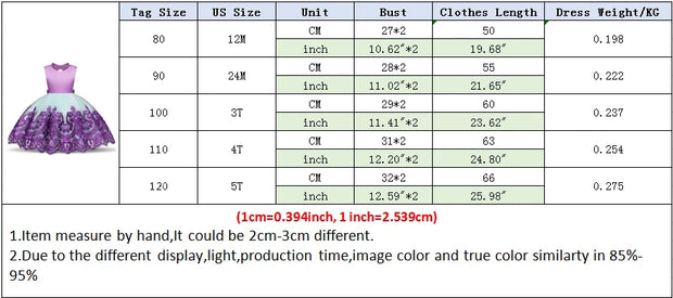 Table displaying dress size chart with measurements in US and CM
