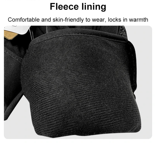 Close-up of fleece lining with text highlighting comfort and warmth