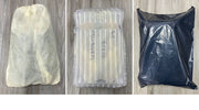 Three types of packaging bags: shoes in a shoebag, bubble bag shockproof, and packaging bag.