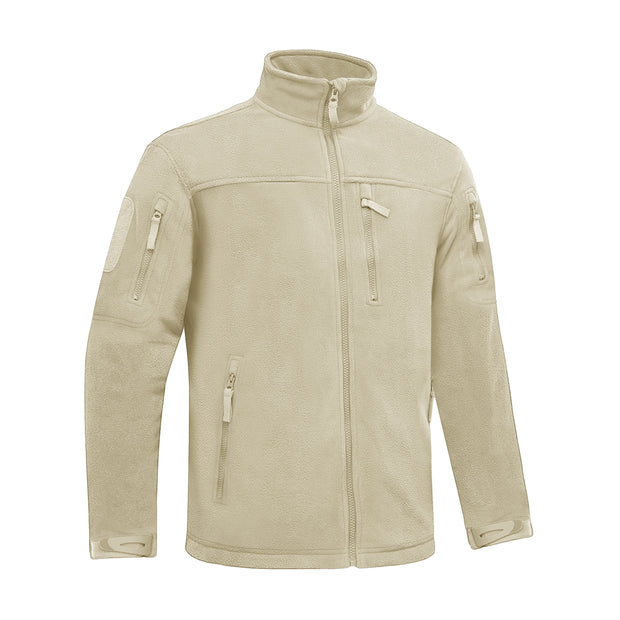 Beige tactical jacket with multiple zippers on a white background