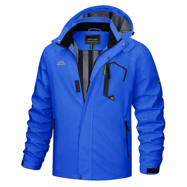 Blue jacket with black accents on a white background