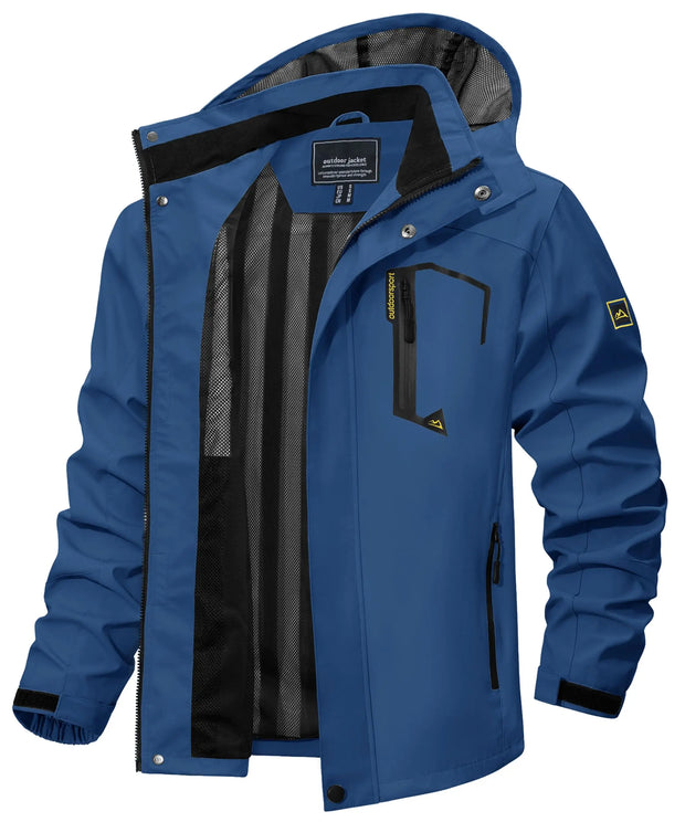 Blue jacket with black accents on a white background