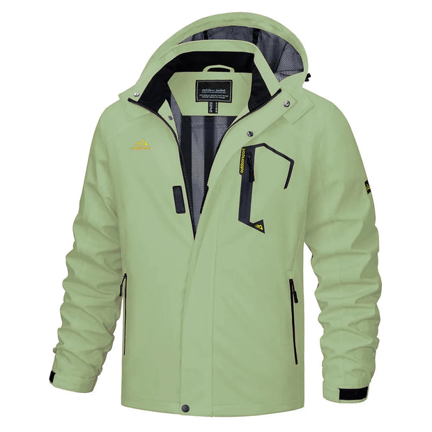 Light green jacket with black accents on a white background