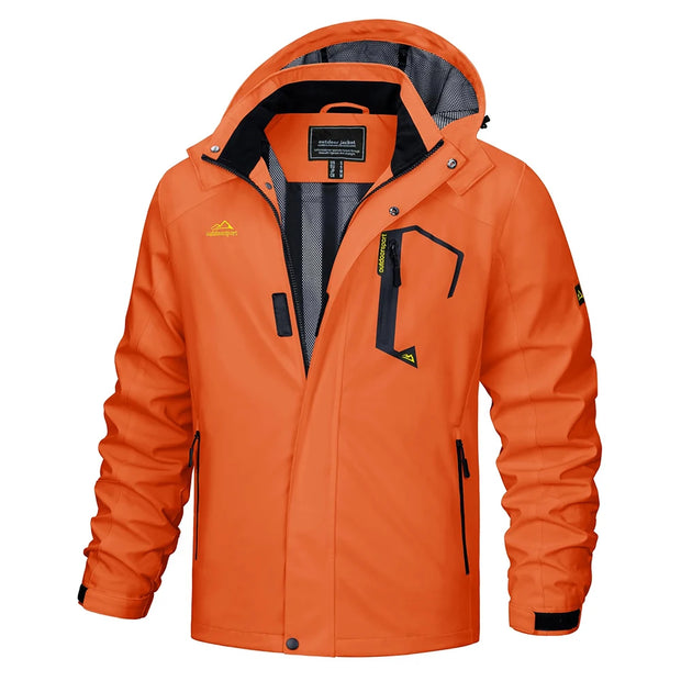 Orange jacket with black accents on a white background