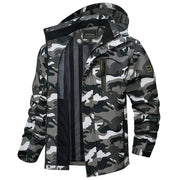 Camouflage jacket with black accents on a white background