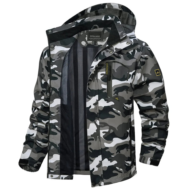 Camouflage jacket with black accents on a white background