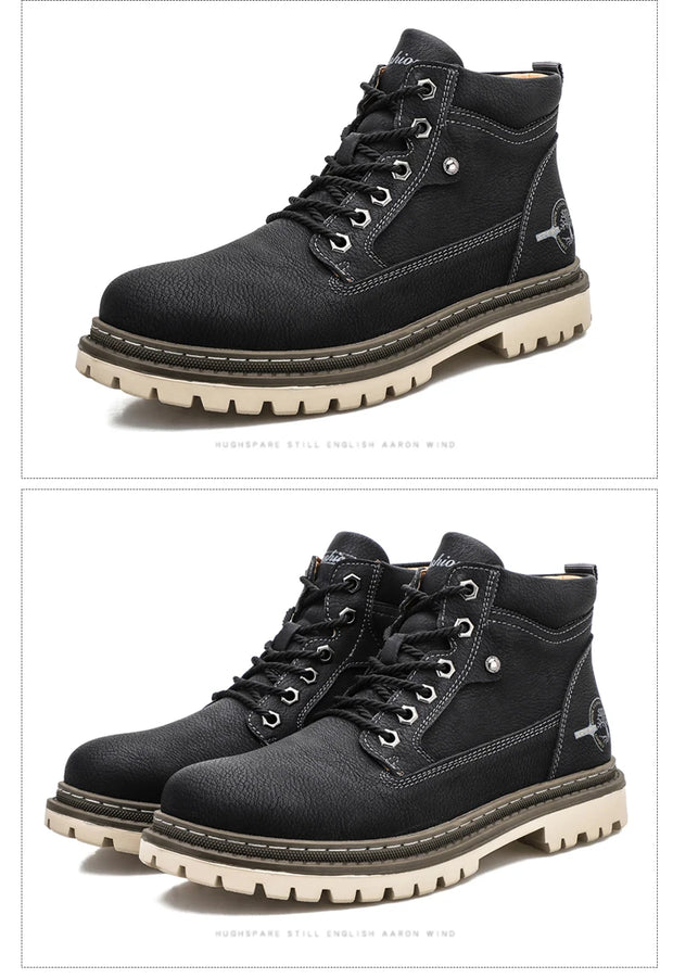 Black leather boots with white soles on a white background