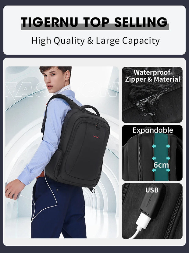 Black backpack with features highlighted, including waterproof zipper, expandable capacity, and USB port, on a white background.