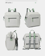 Light gray backpack with green straps on a white background