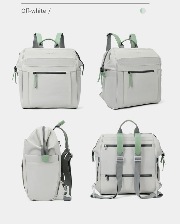 Light gray backpack with green straps on a white background