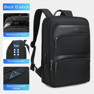 Black backpack with features highlighted on a white background