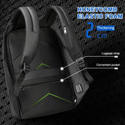 Black backpack with green accents on a textured black background, featuring honeycomb elastic foam and various compartments.