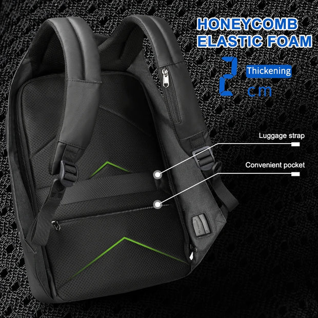 Black backpack with green accents on a textured black background, featuring honeycomb elastic foam and various compartments.
