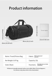 Black travel fitness bag with dimensions and product information on a white background