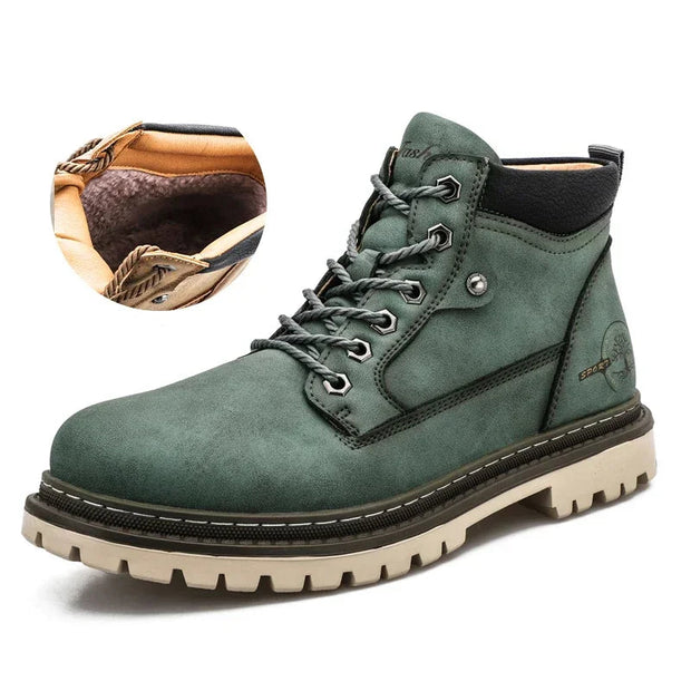 Green boot with fur lining feature on a white background