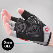 Black and gray half-finger glove with 5mm gel padding on a gray background