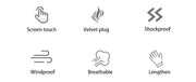 Set of icons representing features such as screen touch, velvet plug, shockproof, windproof, breathable, and lengthen on a white background.