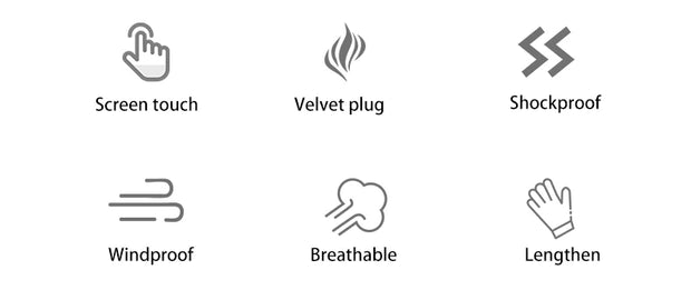 Set of icons representing features such as screen touch, velvet plug, shockproof, windproof, breathable, and lengthen on a white background.