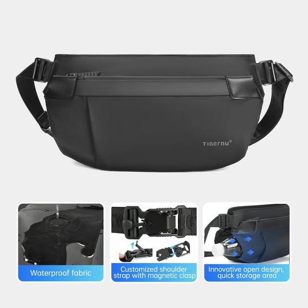 Black waist bag with features highlighted on a white background