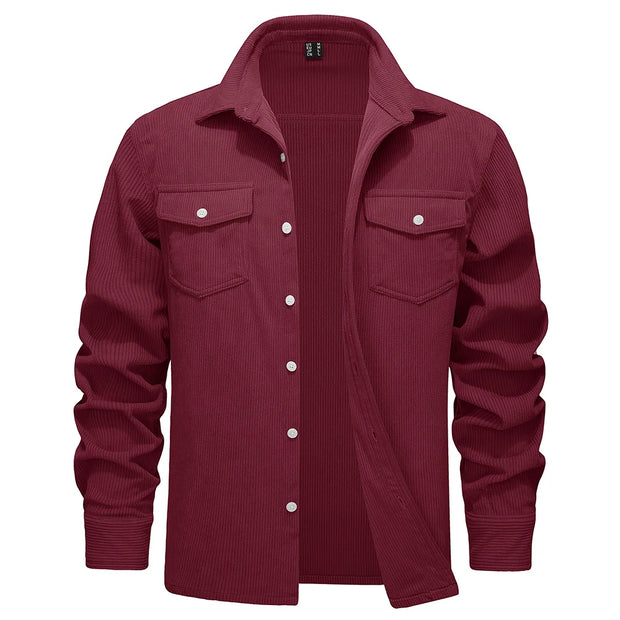 Maroon shirt with button details on a white background
