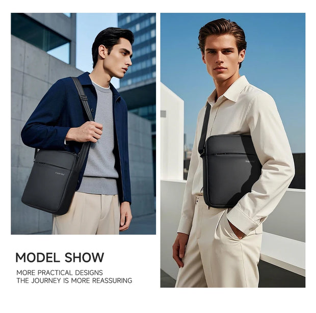 Two models wearing black crossbody bags in urban settings with text 'Model Show' and 'More Practical Designs'.